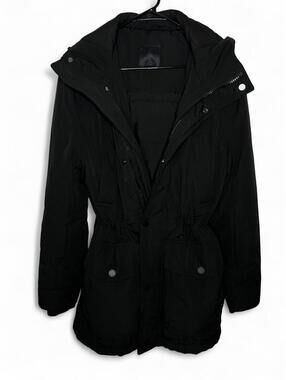 H&M Padded Winter Parka Coat Cinched Waist Hooded Black